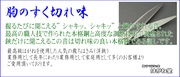 胸すく切れ味 切るたびに聞こえるシャキッシャキッと鋼のすれる音。最高級本格鋼と高度な調整技術で調整された洋裁鋏だけに聞こえるこの音は切れ味の良い本格裁ち鋏である証です。